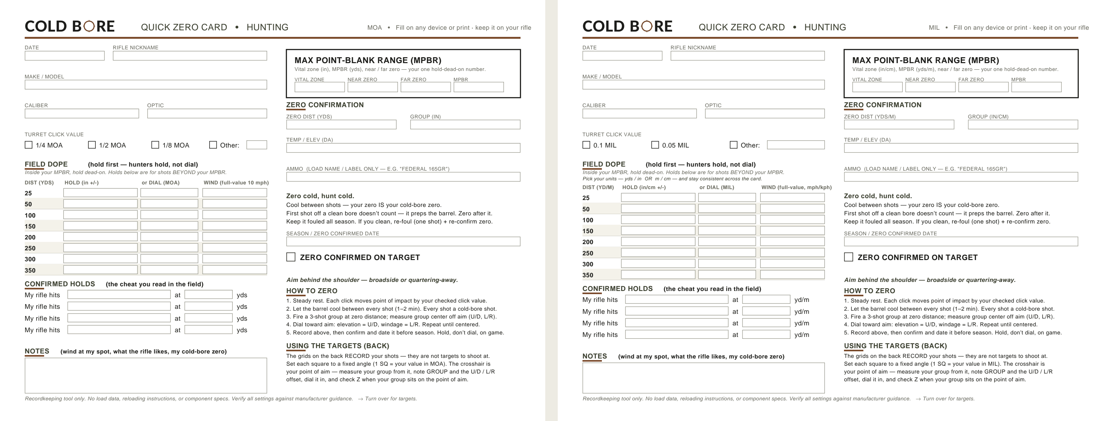 Both cards of the Cold Bore set side by side: the MOA card in US units and the MIL dual-unit world card.