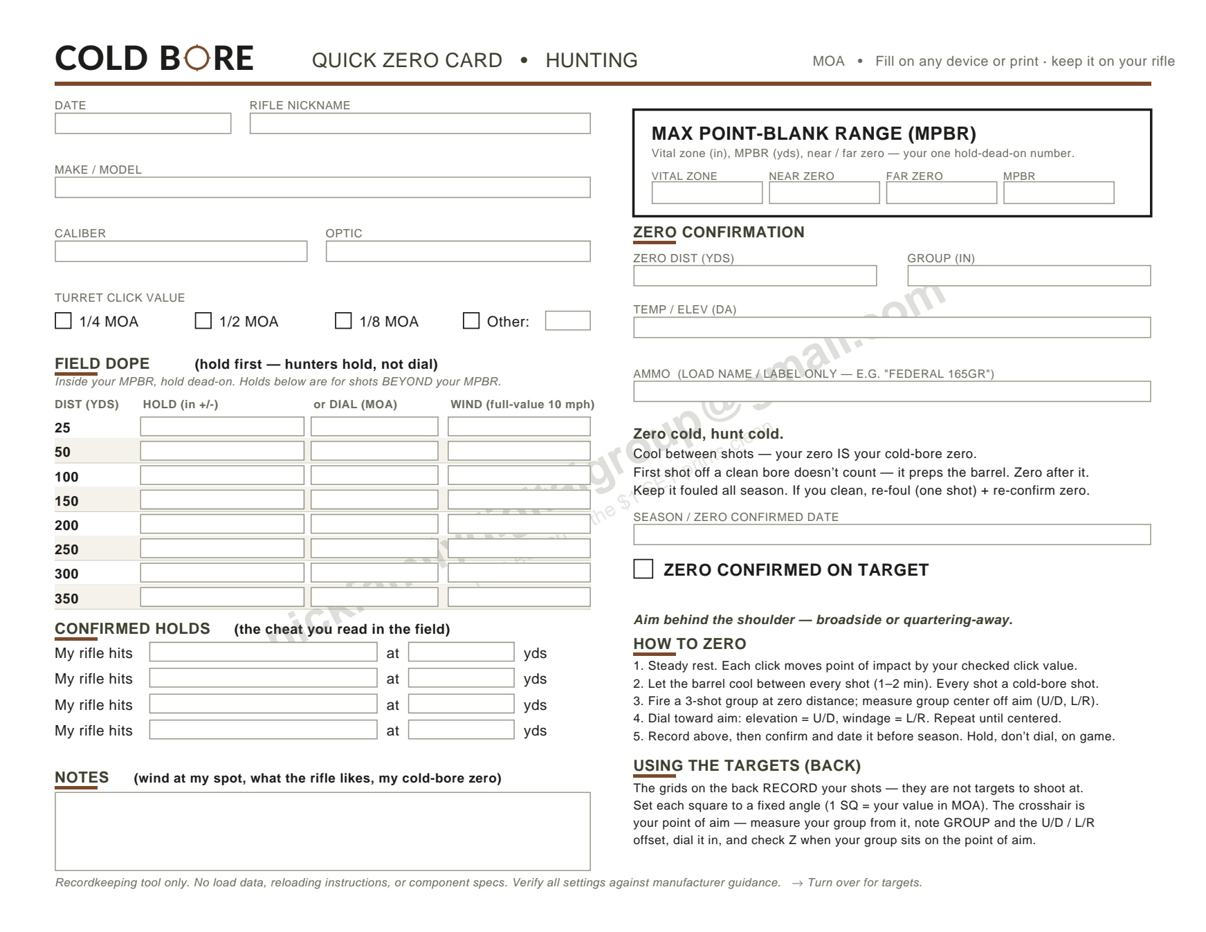The Cold Bore Quick Zero Card, page one: rifle info, field DOPE table, max point-blank range box, and zero confirmation.