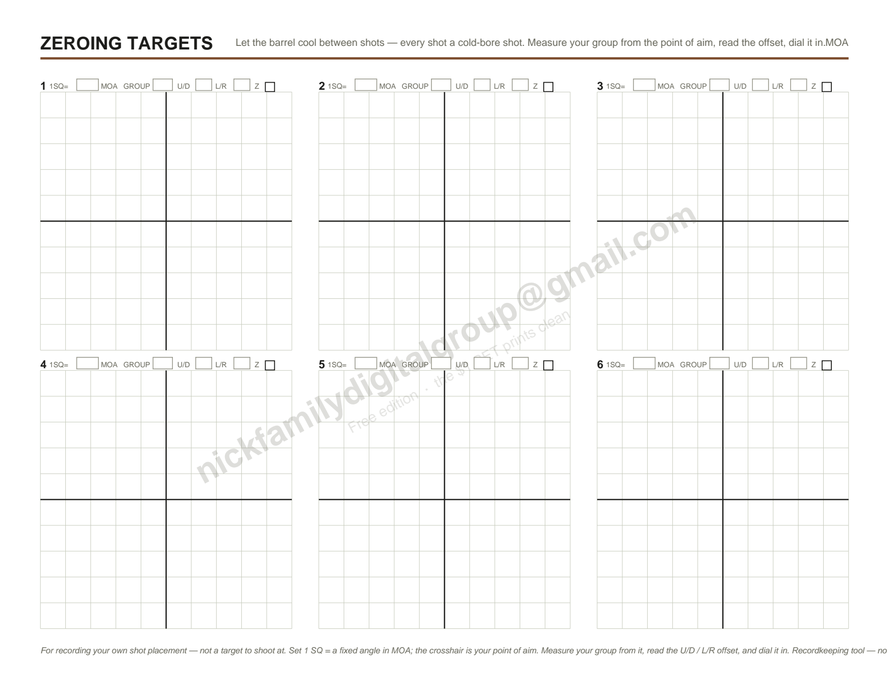 Back page of the Quick Zero Card: six zeroing target grids for plotting shots and reading dial corrections.